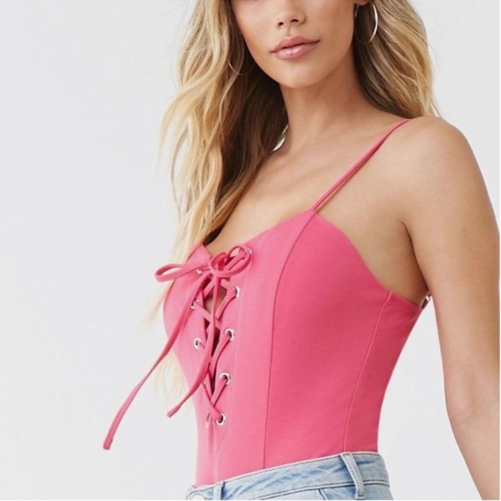 Privy pink lace up thong bodysuit spaghetti straps